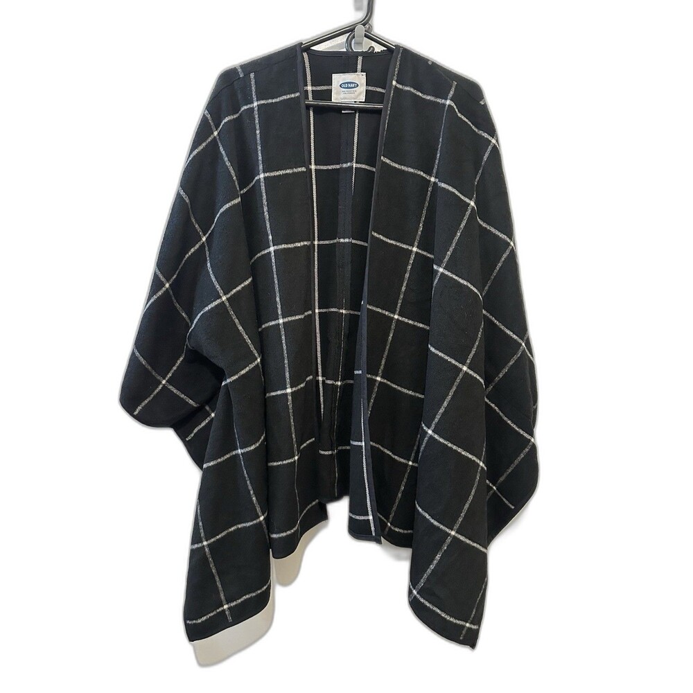 Old Navy Plaid Poncho Wrap Black Windowpane Check Shawl Cape XL–XXL (Faux Wool)